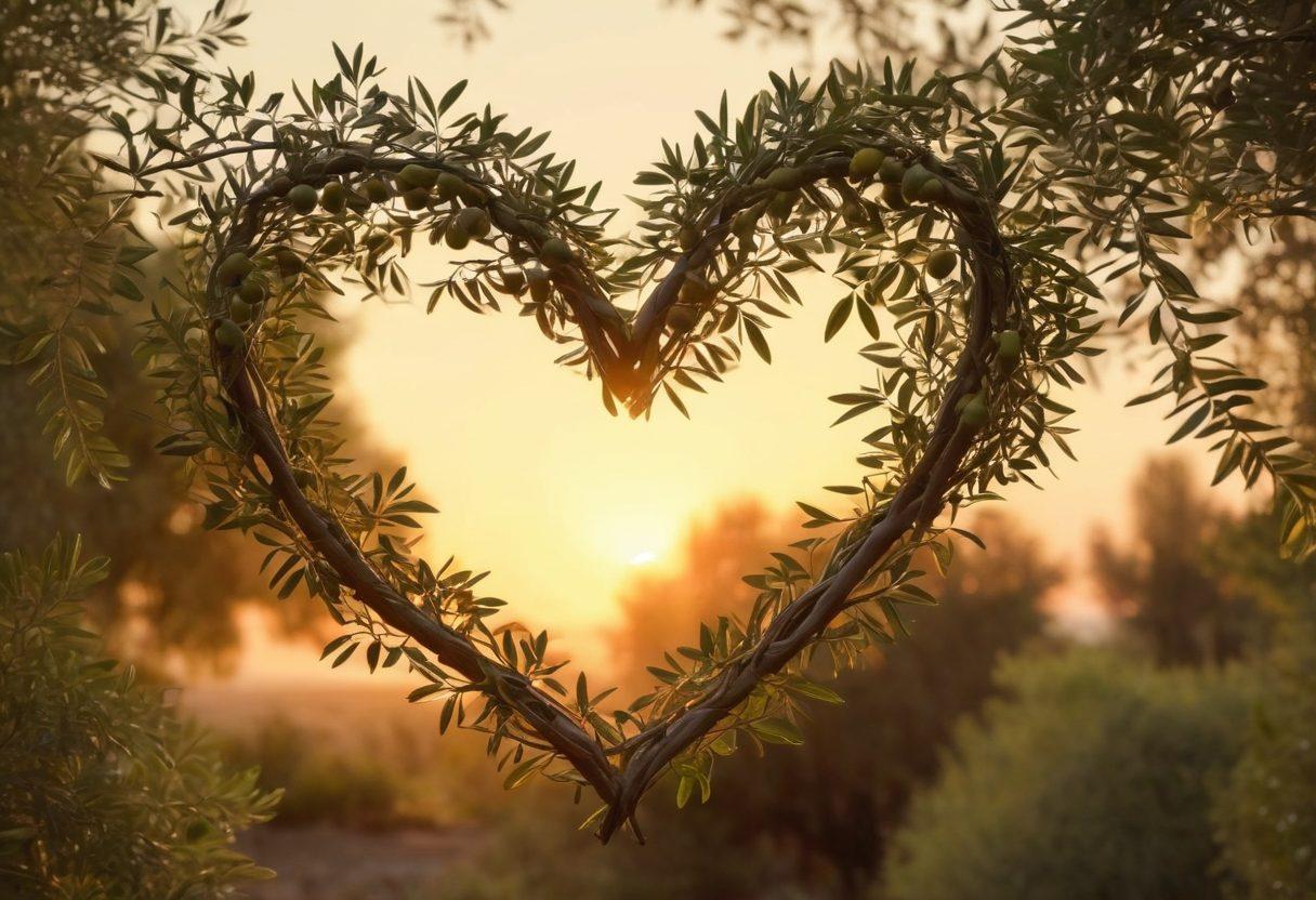 A serene scene featuring two intertwined olive branches forming a heart shape, symbolizing unity and love. In the backdrop, a soft sunset casts warm, romantic hues, highlighting a couple gently embracing under the branches. Delicate petals and greenery surround them, enhancing the theme of intimacy and nurturing connections. super-realistic. warm colors. soft focus.