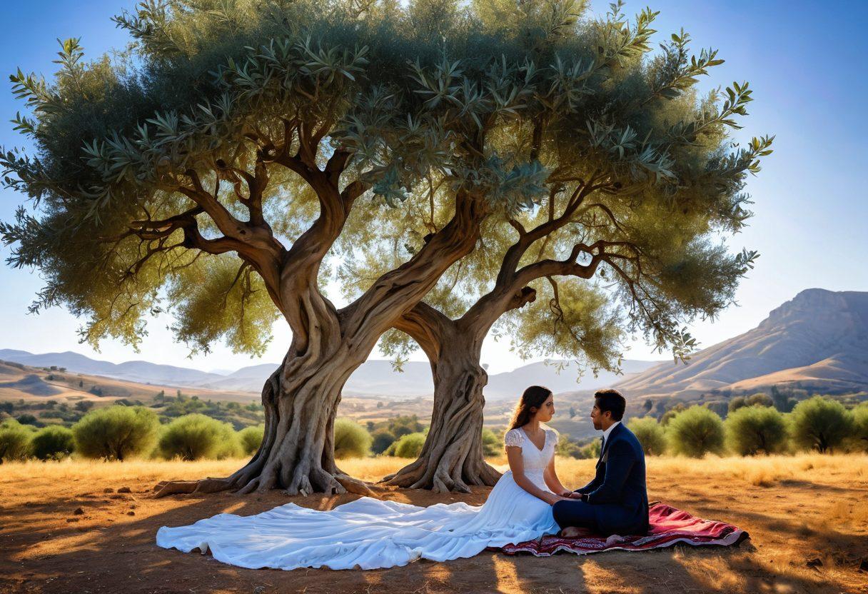 A serene landscape featuring a majestic, sprawling olive tree adorned with lush, green leaves and ripe olives, symbolizing connection and passion. Underneath the tree, a couple sits together, sharing a heartfelt moment, surrounded by delicate, floating hearts. Warm sunlight filters through the branches, casting a gentle glow that enhances the atmosphere of love and intimacy. The background features soft hills and a clear blue sky, bringing a sense of tranquility. vibrant colors. super-realistic.