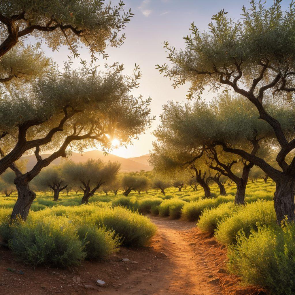A lush olive grove at sunrise, with sunlight filtering through vibrant green leaves and ripe black olives hanging from the branches. In the foreground, a couple shares a loving moment surrounded by wildflowers and olive trees, symbolizing love and connection to nature. The backdrop features rolling hills and a serene sky painted in warm hues, evoking serenity and heritage. super-realistic. vibrant colors. warm tones.